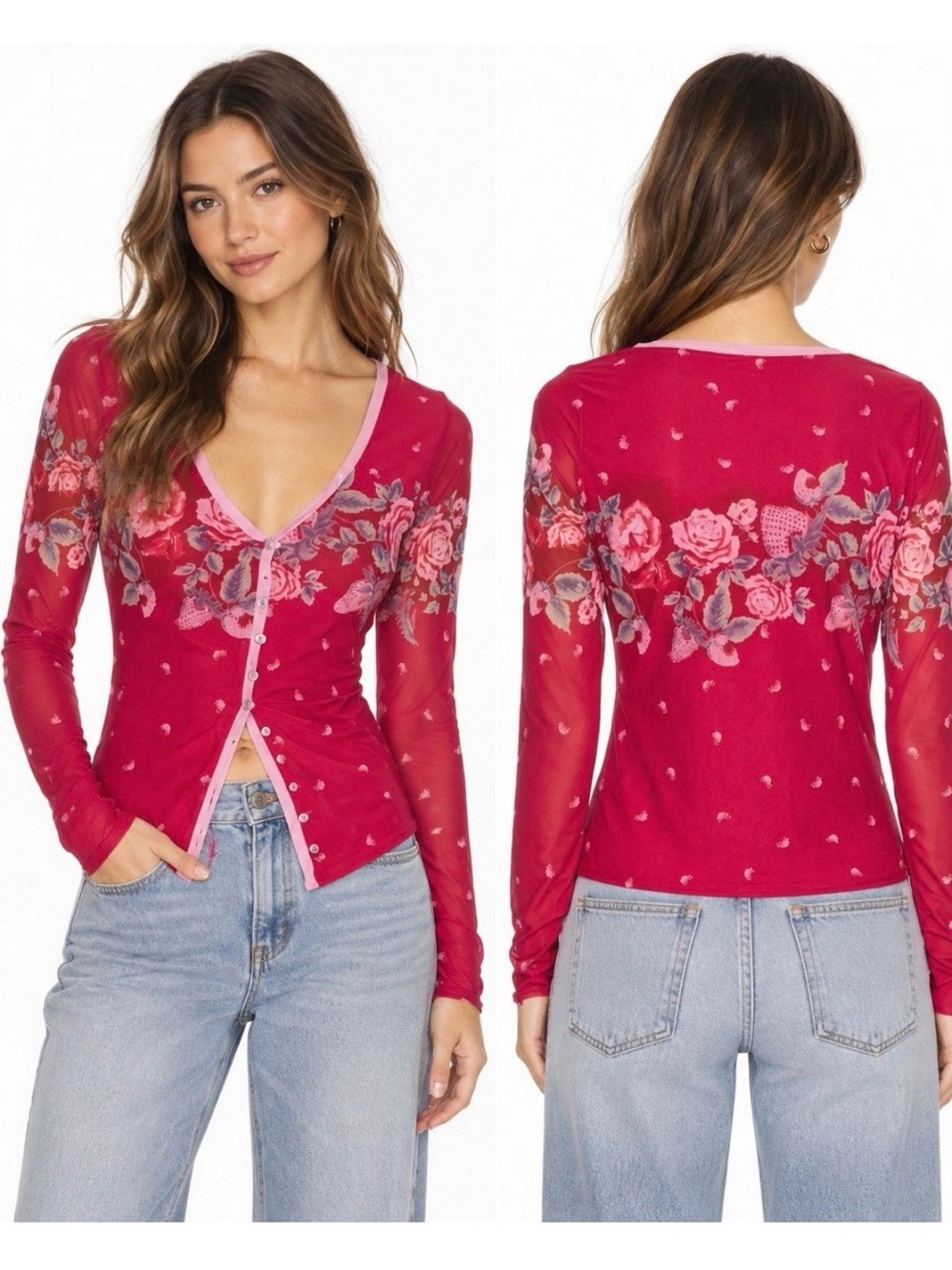 Free People x Revolve Small Top Raspberry Floral Sheer Button Long-Sleeve Top - Picture 3 of 12